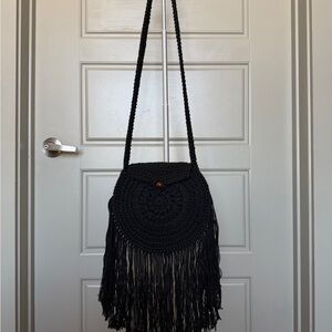 Black Fringe Crochet Shoulder Bag